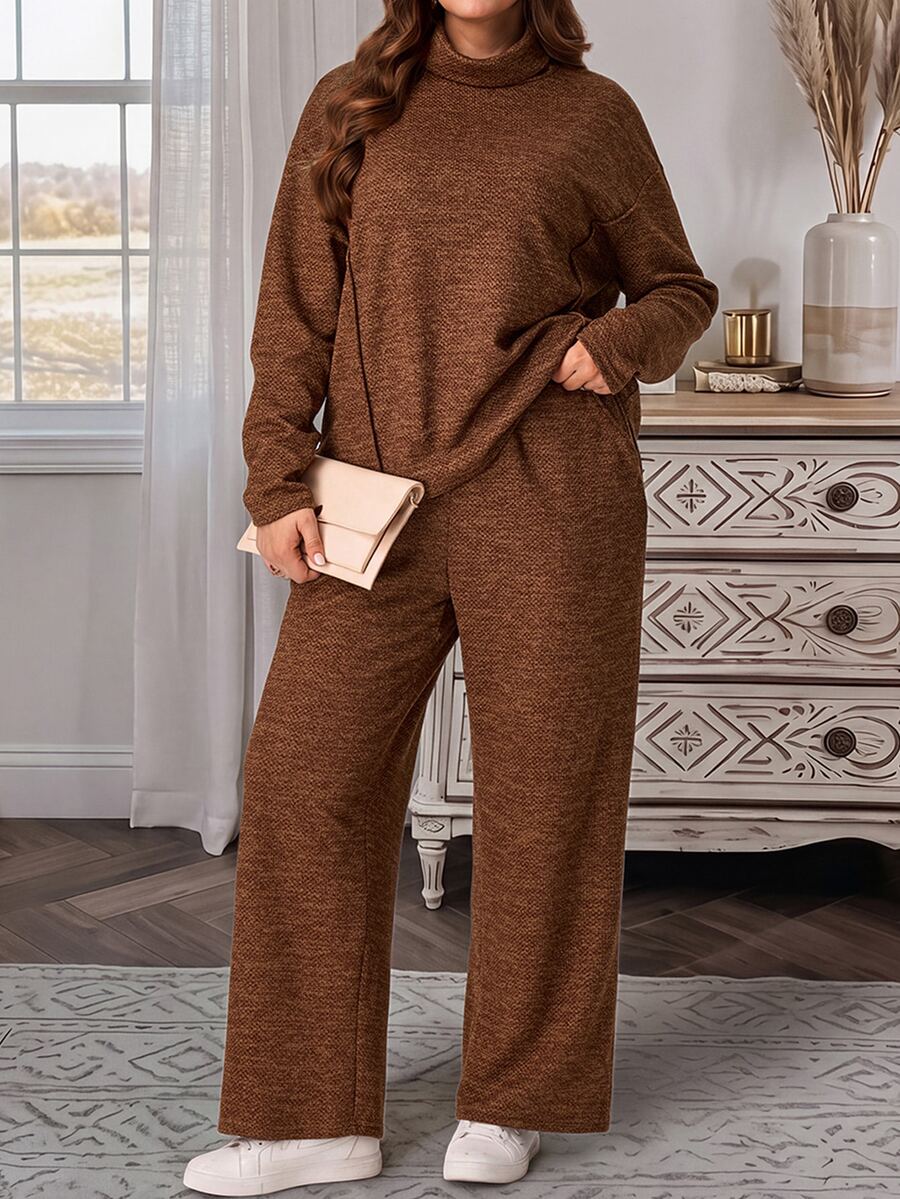 EMERY ROSE 2pcs Set Plus Size Women's Autumn/Winter Casual Country Vacation Brown T-Shirt And Pants 2 Pieces Set With Pockets,Fall, Loungewear,Modest Outfits - Brown - View 1