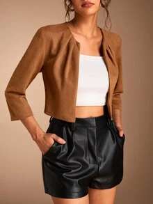 SHEIN BASICS 女款素色長袖百褶開襟休閒夾克 - 棕色 - 查看 4