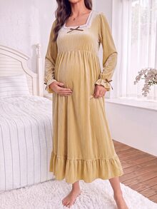Moonlight&Mama Gaun Tidur Hamil Lengan Panjang Leher Persegi Motif Garis-garis Beludru Musim Gugur/Dingin - Kuning - View 4