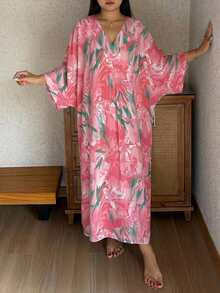 Dazy Plus Gaun Tidur Rumah Kasual Wanita Ukuran Besar Model Leher V Motif Bunga - Watermelon Pink - View 5