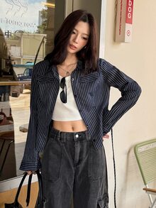 K-Vae Women's Korean Style Navy Blue Vertical Striped Waist-Cinching Versatile Long Sleeve Blouse - Multicolor - View 6