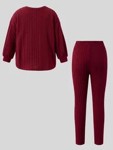 SHEIN 女童時尚休閒兩件套：落肩羅紋針織愛心刺繡圖案T恤與內搭褲（紅色套裝）－舒適秋季休閒運動穿搭 - 紅色 - 查看 8
