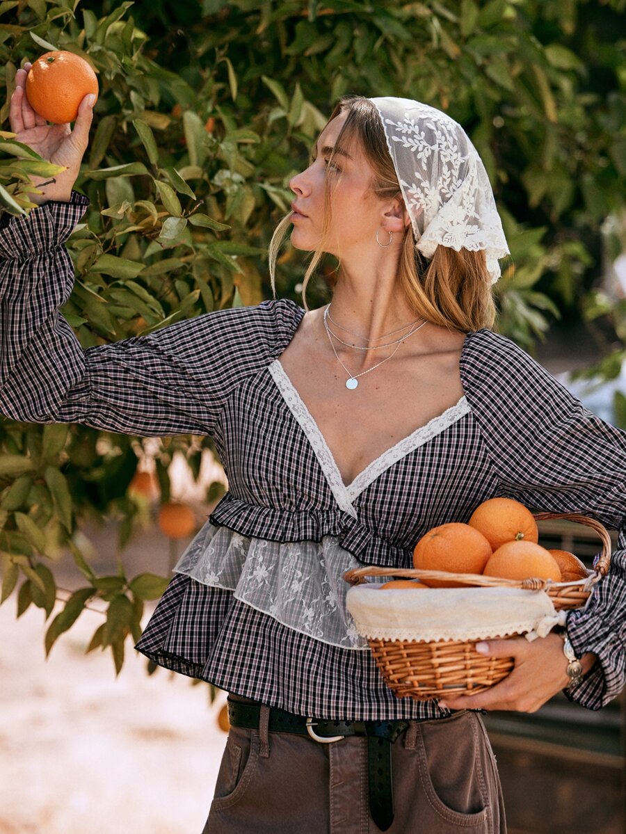 WESTFADE Women Gingham Long Sleeve Lace Top, Fall Winter 2026, Western Style, Cowgirl Clothing, Rodeo, Female Country Look, Autumn, Cute Tops, Festival - Multicolor - View 1