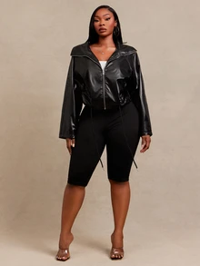 SHEIN SXY Plus Size Women's Black PU Loose Cropped Puffy Jacket - Black - View 4