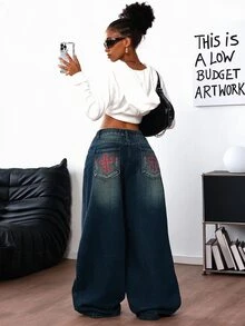 SHEIN ICON Women's Casual Washed Cross Rhinestone Decor Wide Leg Jeans - Blue - View 6