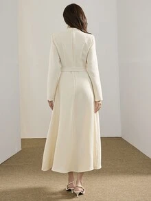 Heiryn Gaun Elegan Wanita Warna Polos Kerah V Lengan Panjang - Aprikot - View 3