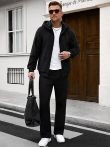Manfinity CasualCool Ins熱銷男士珊瑚絨落肩袖開襟連帽衛衣，送給爸爸、丈夫、男友的萬聖節、聖誕節、新年禮物 - 黑色 - 查看 5