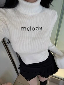 FRIFUL Women's Letter Embroidered High Neck Patchwork Fur Cuff Sweater - White - View 7