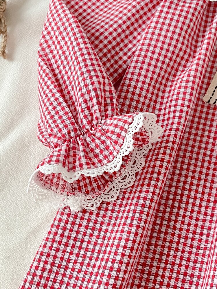 SHEIN Young Girl Young Girls Cute Vacation Casual Apricot Plaid Pattern Bow Long Sleeve Loose Dress Autumn Flora - Red - View 3
