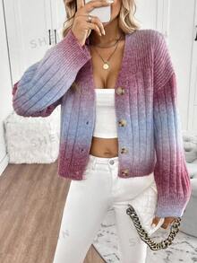 SHEIN LUNE 毛絨混紡漸層開襟衫 - 中紫紅色 - 查看 6