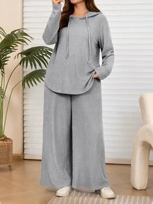 Rosumi 大尺碼女款休閒深灰色連帽衛衣與長褲兩件套，附口袋，秋冬款 - 淺灰色 - 查看 3