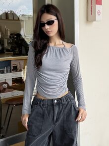 K-Vae Women's Minimalist Sexy Ins Style Atmosphere Halter Neck Ruched Grey Long Sleeve Base Layer Top, Slim Fit Waist Design, Minimalist Everyday Wear - Grey - View 7