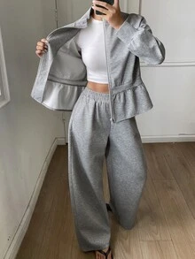 Livesso Women's 2pcs Casual Floral Bud Ruffle Trim Jacket And Pants Set Fall - Grey - View 6