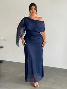 Firerie Plus Size Women's Long Sleeve Dress, Comfortable Casual Elegant Vacation Date Party Gathering Afternoon Tea Exquisite Charming INS Style Fashion Ruched Cape Asymmetrical Overlay Mesh Elastic - Navy Blue - View 5