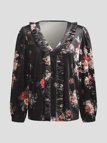 LUMIGAL Women's Elegant Floral Print Top For Autumn - Black - View 4