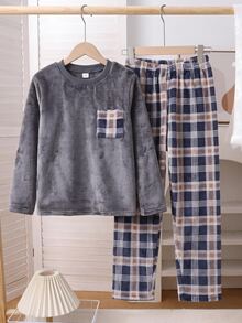 Boys' Colorblock Pocket Plaid Long Sleeve Pants Pajama Set, Autumn/Winter - Grey - View 5
