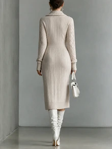 SHEIN Women Fall Winter Shawl Collar Cable Knit Dress Surplice V-Neck Long Sleeve Bodycon Midi Dress - Apricot - View 3