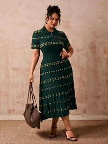 Veslaya Plus Size Women's Colorblock Casual Everyday Knit Dress - Dark Green - View 1