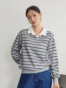 Dazy-Less Áo nỉ nữ phong cách Hàn Quốc kẻ sọc phối màu, cài nút nửa ngực, phong cách công sở thường ngày cho mùa thu - Đen và trắng - Xem 3
