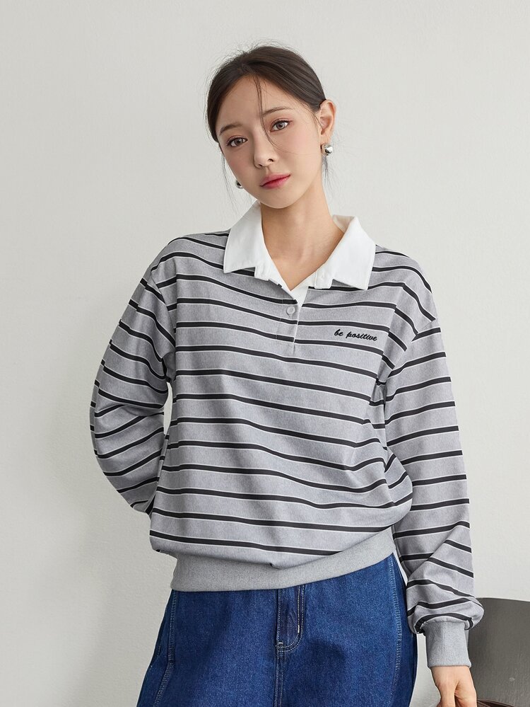 Dazy-Less 女款韓式條紋拼色半開襟鈕扣衛衣 商務休閒 秋季女裝 - 黑與白 - 查看 3