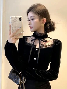 DAZY Women's Lace Patchwork Casual Versatile Daily Wear T-Shirt Fall - Black - View 3