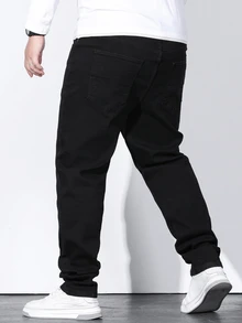 Manfinity Homme Men's Pure Black Straight Leg Jeans, Plus Size Casual Basic Denim Pants - Black - View 2