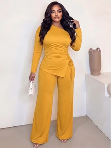 Poshavie Poshavie Plus Size Off Shoulder Ruched Drawstring 2 Pieces Set, Long Sleeve Top & Wide Leg Pants Casual Co Ord - Yellow - View 4