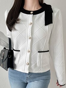 FRIFUL Jaket Kasual Lengan Panjang Wanita dengan Tekstur dan Simpul Bahu untuk Musim Gugur - Krem - View 4