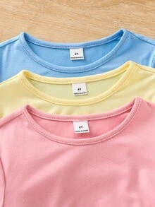 SHEIN 女童休閒基礎款純色針織彈性長袖上衣，多件裝，適合秋冬休閒、日常穿著與校園日常穿著，百搭必備單品，適合母女套裝搭配 - 彩色 - 查看 5