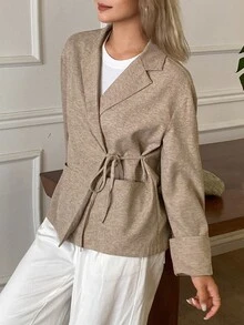 Livesso Jaket Blazer Lengan Panjang Wanita Warna Polos Kasual untuk Perjalanan Sehari-hari - Khaki - View 1