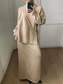 Strévra Women's Winter Apricot Round Neck Long Sleeve Slim Fit Waist Ribbed Knit Elegant Sweater Dress - Apricot - View 3