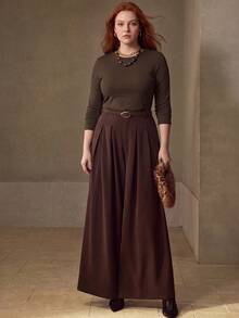 MOTF PREMIUM HIGH ELASTICITY SKIN-FRIENDLY SOLID COLOR ROUND NECK SLIM FIT FLATTERING FASHION LONG SLEEVE VERSATILE PLUS SIZE WOMEN'S BASE LAYER TOP - Coffee Brown - View 3