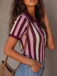 Solivie 女款條紋短袖單排扣休閒針織開襟衫 - 彩色 - 查看 7