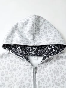 SHEIN 1pc Teen Girls Loose Casual Versatile Digital Print Color Block Light Leopard Print & Dark Leopard Print Lining Hooded Loose Korean Style Open Front Sweatshirt Suitable For Daily Commute Casual Vacation Back To School Season - Grey - View 3