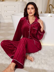 LuxeNights Women's Autumn/Winter Solid Color Striped Embossed Velvet Front Button Patch Pocket Long Sleeve Pants Pajama Set Loungewear - Red - View 4