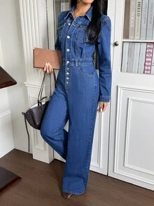 Rivivi Women's Long Sleeve Single-Breasted Pocket Design Casual Denim Jumpsuit - Blue - View 4