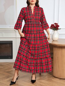 Easowa Curve Christmas Plus Size Women's Plaid Cutout V-Neck Ruffle Hem Dress - Multicolor - View 5