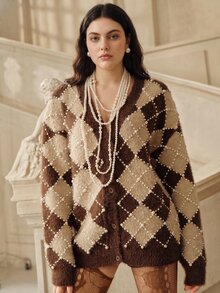Anewsta Women's Plus Size Coffee & Apricot Color Block Pearl Faux Mink Fur V-Neck Knit Cardigan Sweater Jacket, Autumn/Winter - Coffee Brown - View 5