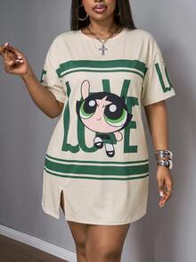 Slaydiva THE POWERPUFF GIRLS X SHEIN 大尺碼女款字母卡通印花短袖休閒洋裝，適合外出、街頭穿搭、機場穿著 - 彩色 - 查看 8