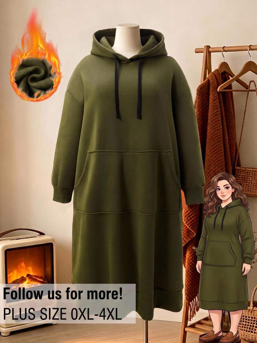 Rusticease Plus Size Army Green Drawstring Pocket Hooded Long Sleeve Sweatshirt Fall Winter 2026 - Army Green - View 1