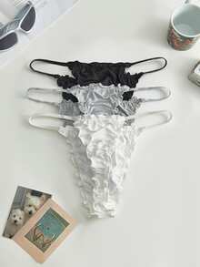 Lowkey Lull 3pcs Multi-Color Frill Trim High Elasticity Minimalist Casual Women's T-Back Panties - Multicolor - View 2