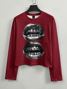 Manfinity ZONE917 Men's Hip Hop Lips Graphic Print Crew Neck Long Sleeve T-Shirt - Burgundy - View 5