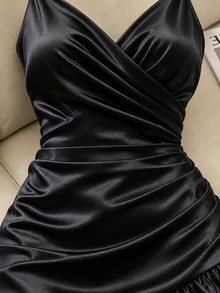 SHEIN Franclia Gaun Cami Fashion Wanita Warna Polos dengan Lipit dan Rumbai di Bagian Bawah - Hitam - View 5