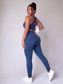 SHEIN Velisys Plus Size Solid Color Cropped Tank Top & Leggings Sports Set - Multicolor - View 5