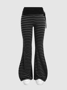 SHEIN Teen Girl Teen Girls Fall/Winter Street-Style Side Drawstring Striped Flared Pants Bell Bottom Pants - Dark Grey - View 2