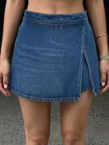 DAZY Women's Solid Color Split Design Casual Versatile Skort - Blue - View 5