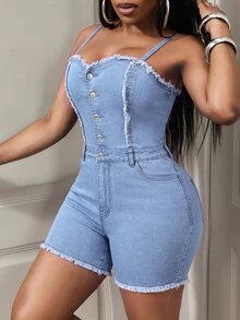 BamGleam Women's Outdoor Fashion Sexy Strapless Frayed Blue Denim Jumpsuit - Light Wash - View 3