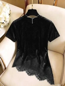 Franclia Women's French Lace Patchwork Asymmetrical Hem Top - Black - View 2