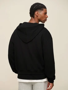 OTTIMOZO Men's Solid Color Drop Shoulder Long Sleeve Drawstring Pocket Casual Hoodie, Autumn/Winter/Back To School Season, Gym - Black - View 2