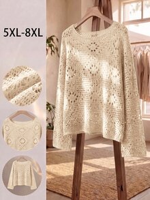 SHEIN CURVE+ 大尺碼花卉鏤空蝙蝠袖針織套頭衫 米色 2026年秋季 22W 婚禮賓客 正式鄉村風 波希米亞 秋季 - 米色 - 查看 1